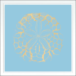 Sand Dollar wall art featuring a gold sand dollar design on a light blue background.