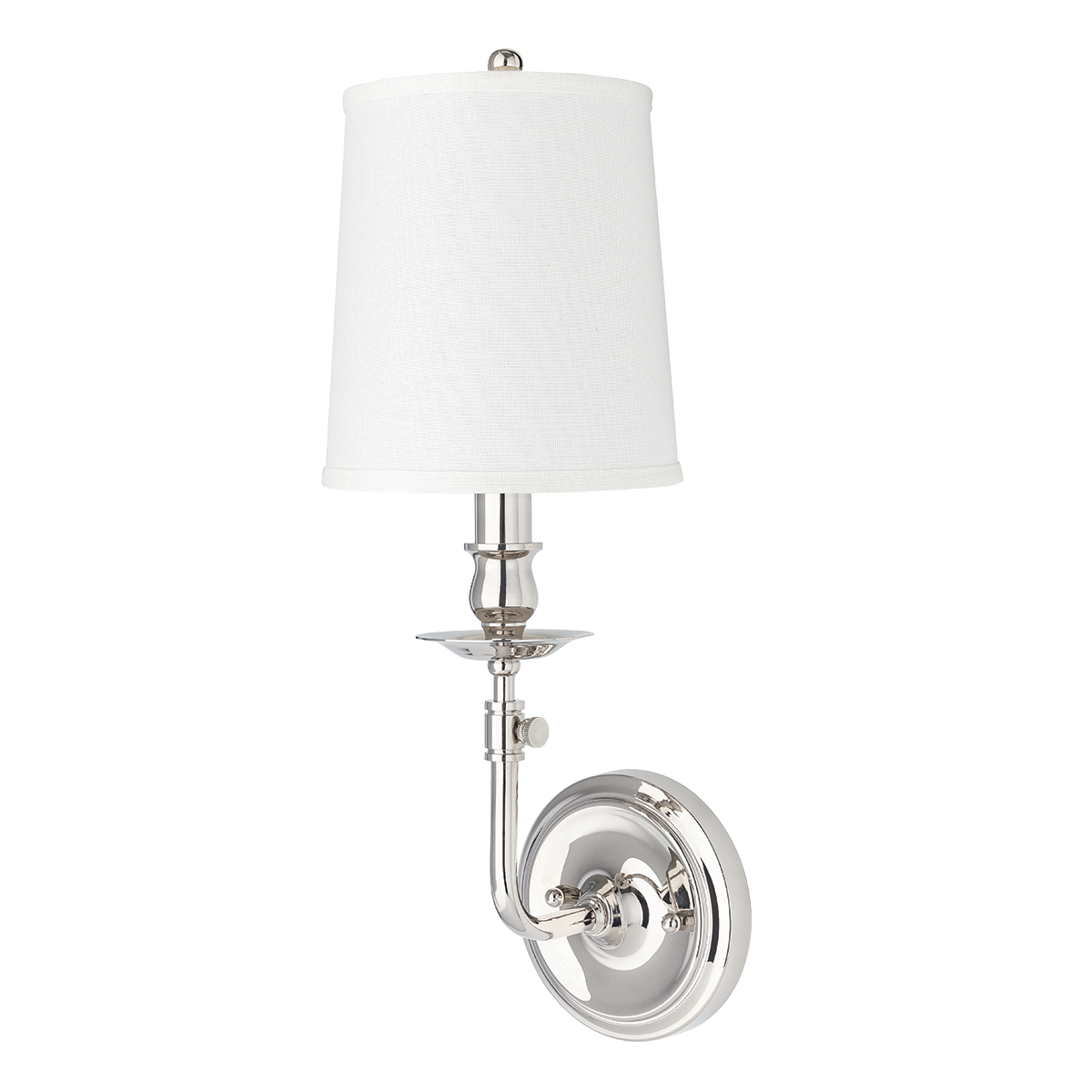 Logan Wall Sconce 6.25" in polished nickel shown from a second angle to highlight the arm curve and shade silhouette.