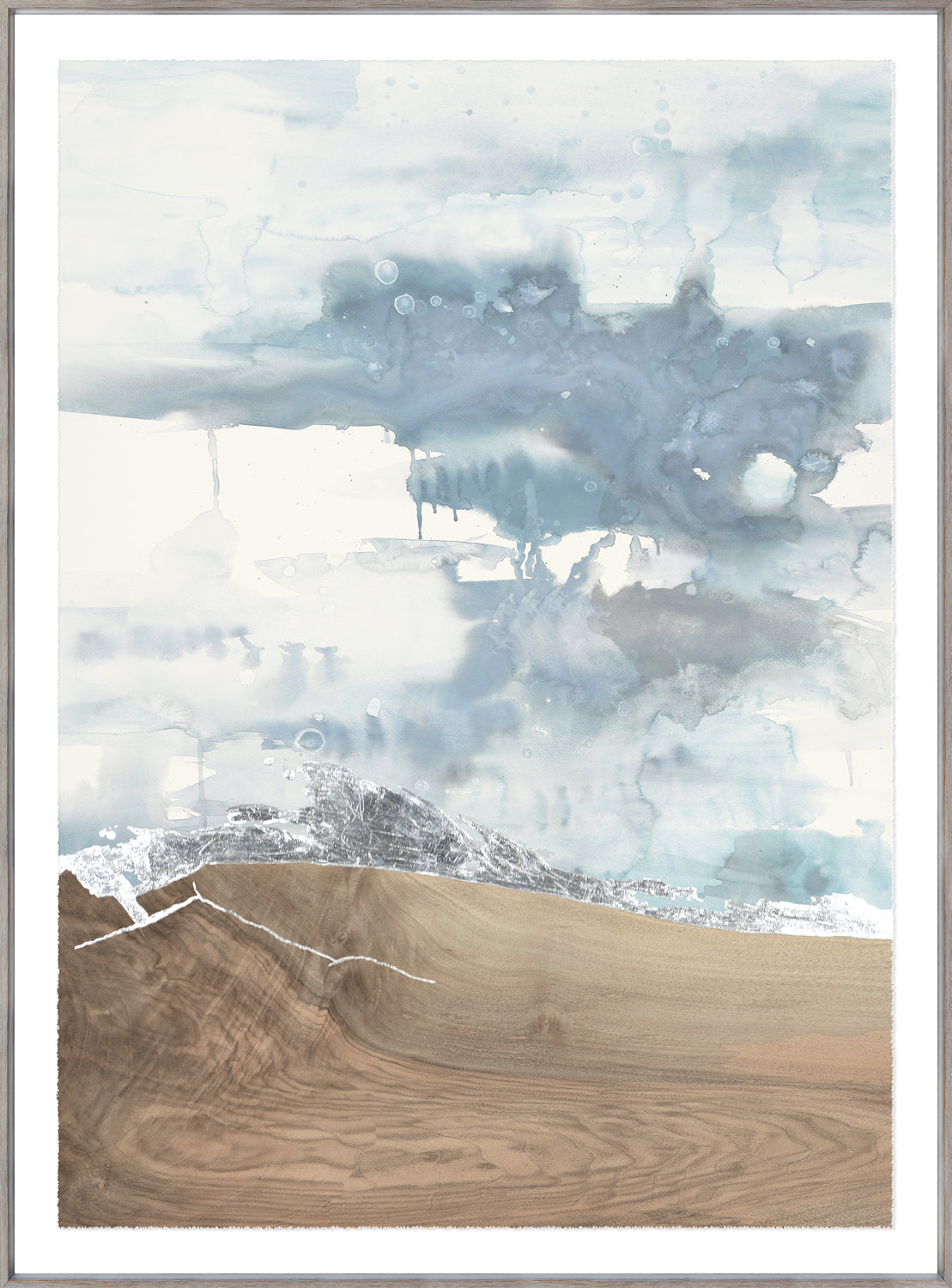 Land & Sky II wall art featuring abstract watercolor in blue and beige tones with a textured mountain design.