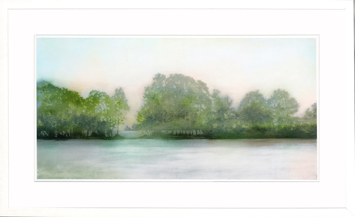 Lakeshore wall art featuring a serene landscape with soft green trees and a calm water reflection.