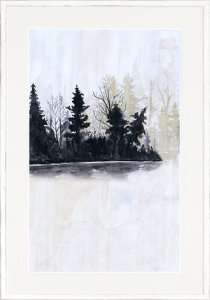 Pine Island II wall art featuring a serene landscape with dark trees against a light background.
