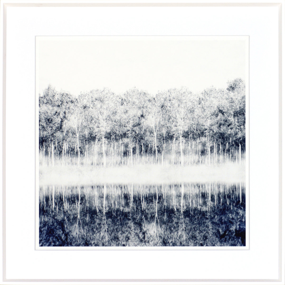 Indigo Landscape Series II wall art featuring a monochrome tree reflection in water.