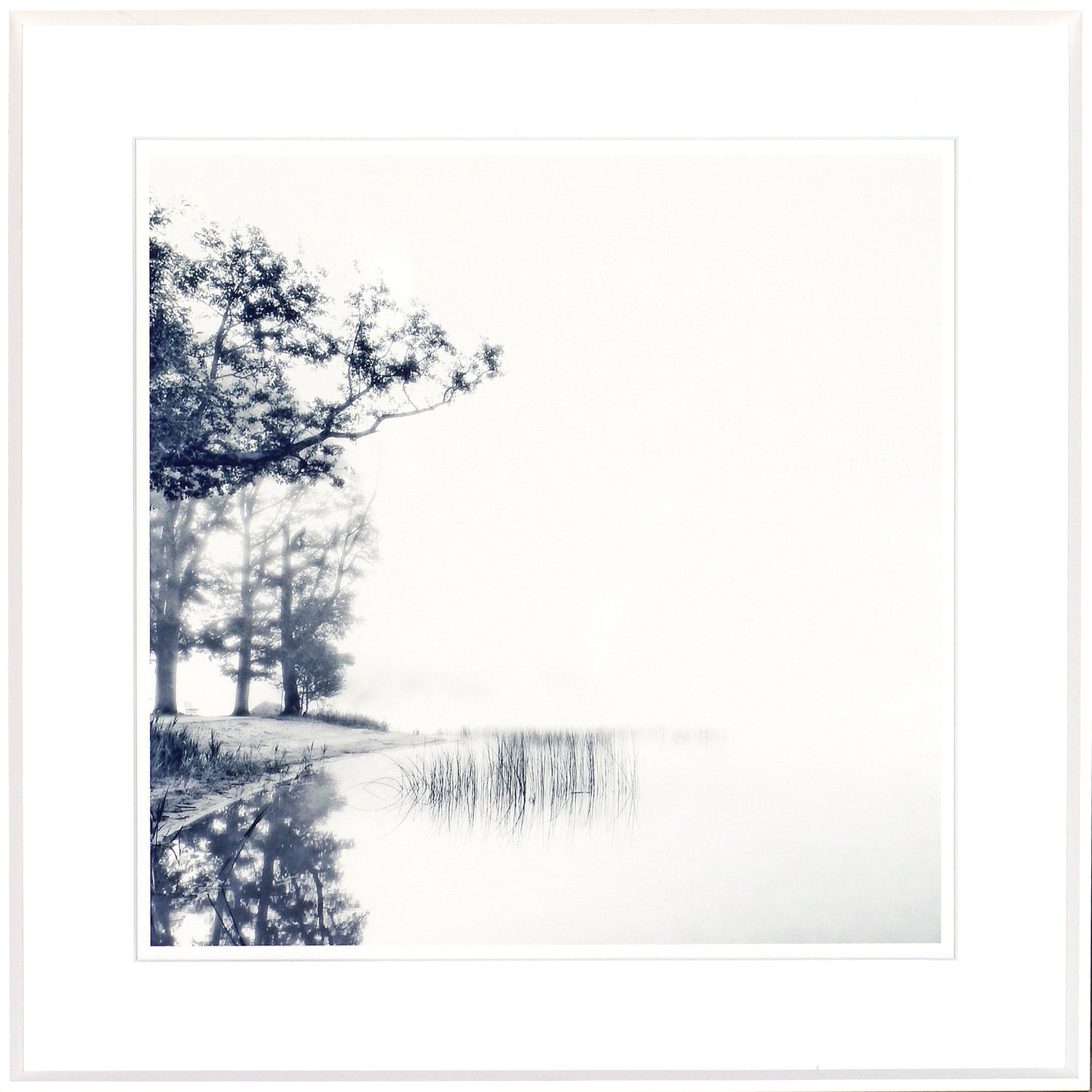 Indigo Landscape Series III wall art featuring a serene lake scene with trees and fog in blue tones.