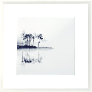 Indigo Landscape Series IX wall art featuring a serene lake reflection with trees in shades of blue and white.