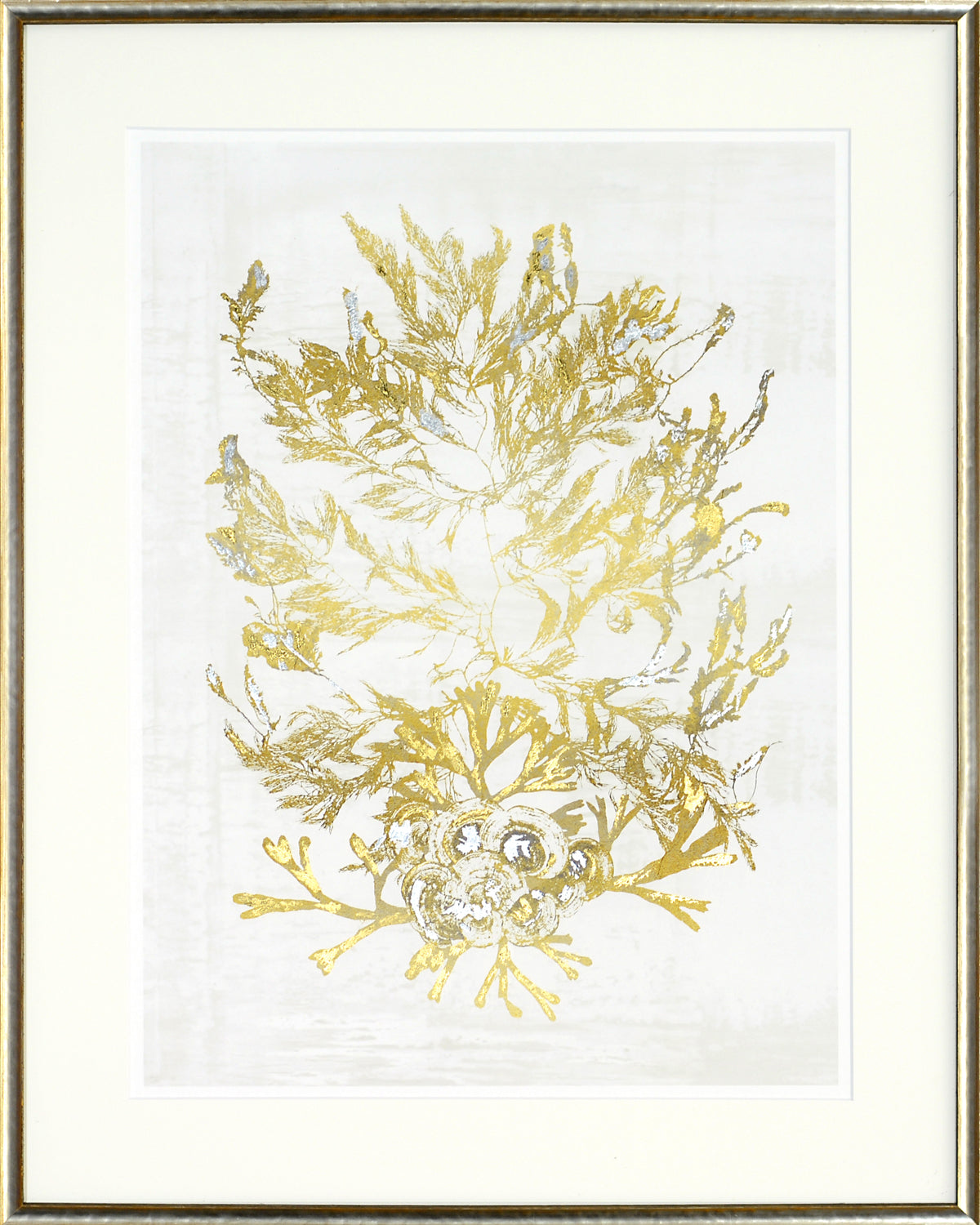 Pressed Seaweed wall art featuring gold and silver foliage on a light background