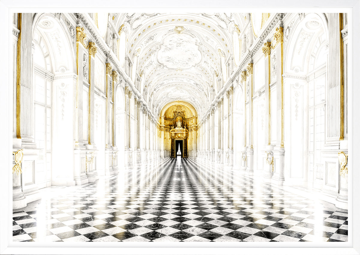 Venaria, Italy – Diana Gallery wall art featuring a grand hall with golden accents and checkered floor.