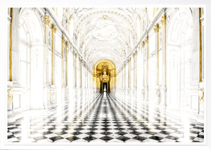 Venaria, Italy – Diana Gallery wall art featuring a grand hall with golden accents and checkered floor.