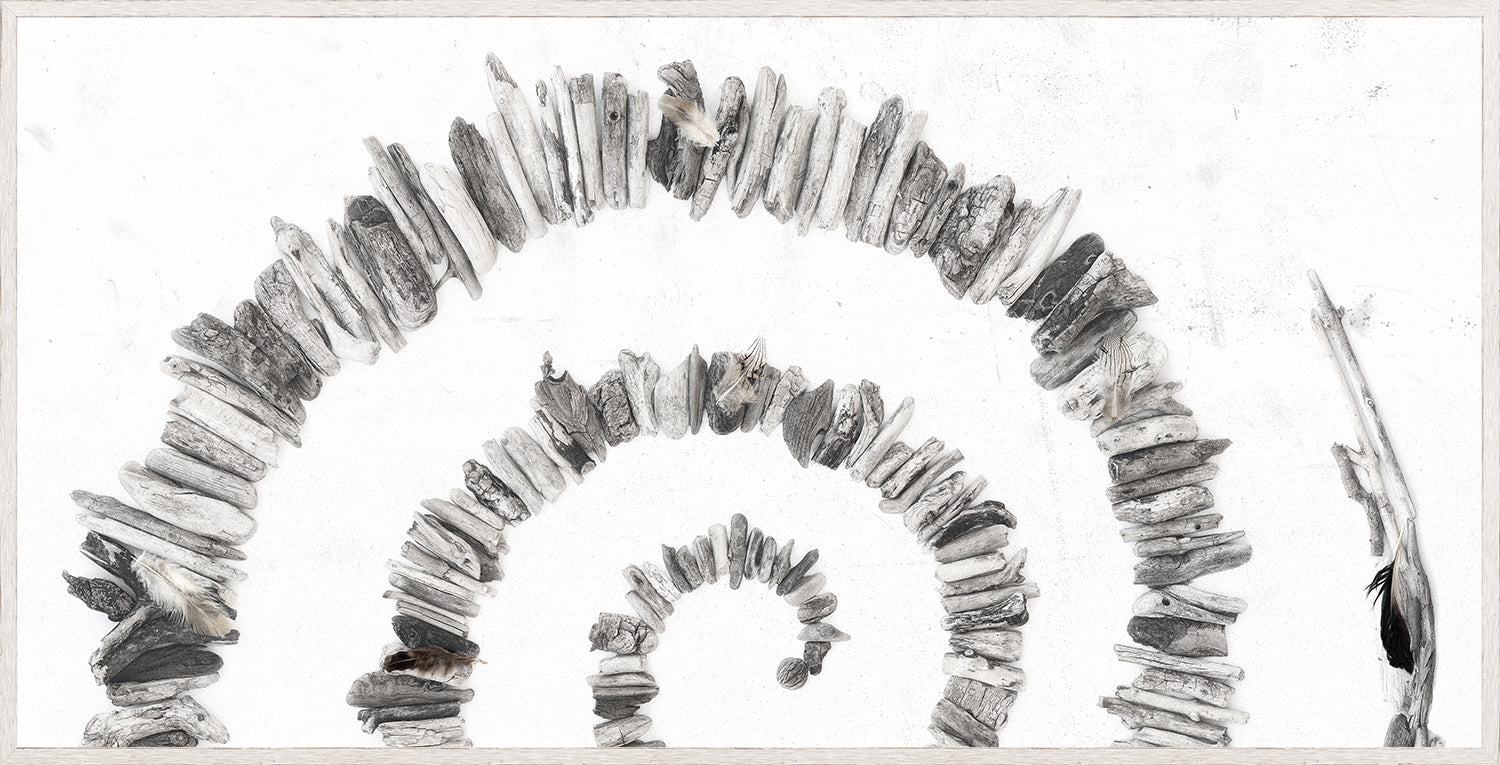 Driftwood Rainbow – Right wall art featuring layered driftwood pieces in shades of gray.