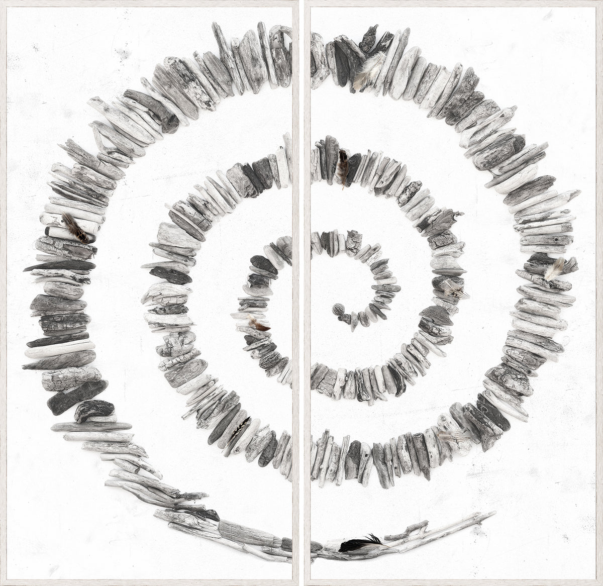 Driftwood Around – Diptych wall art featuring a spiral design made of driftwood pieces on a white background.