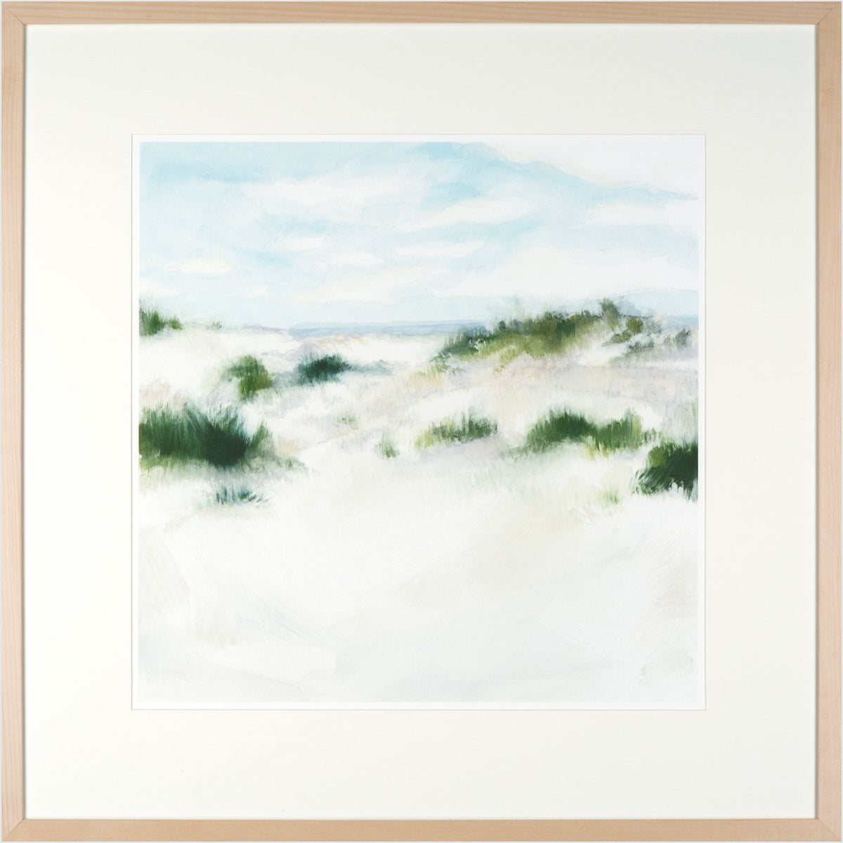 White Sands I wall art featuring a soft landscape with blue sky and green dunes