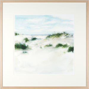 White Sands I wall art featuring a soft landscape with blue sky and green dunes