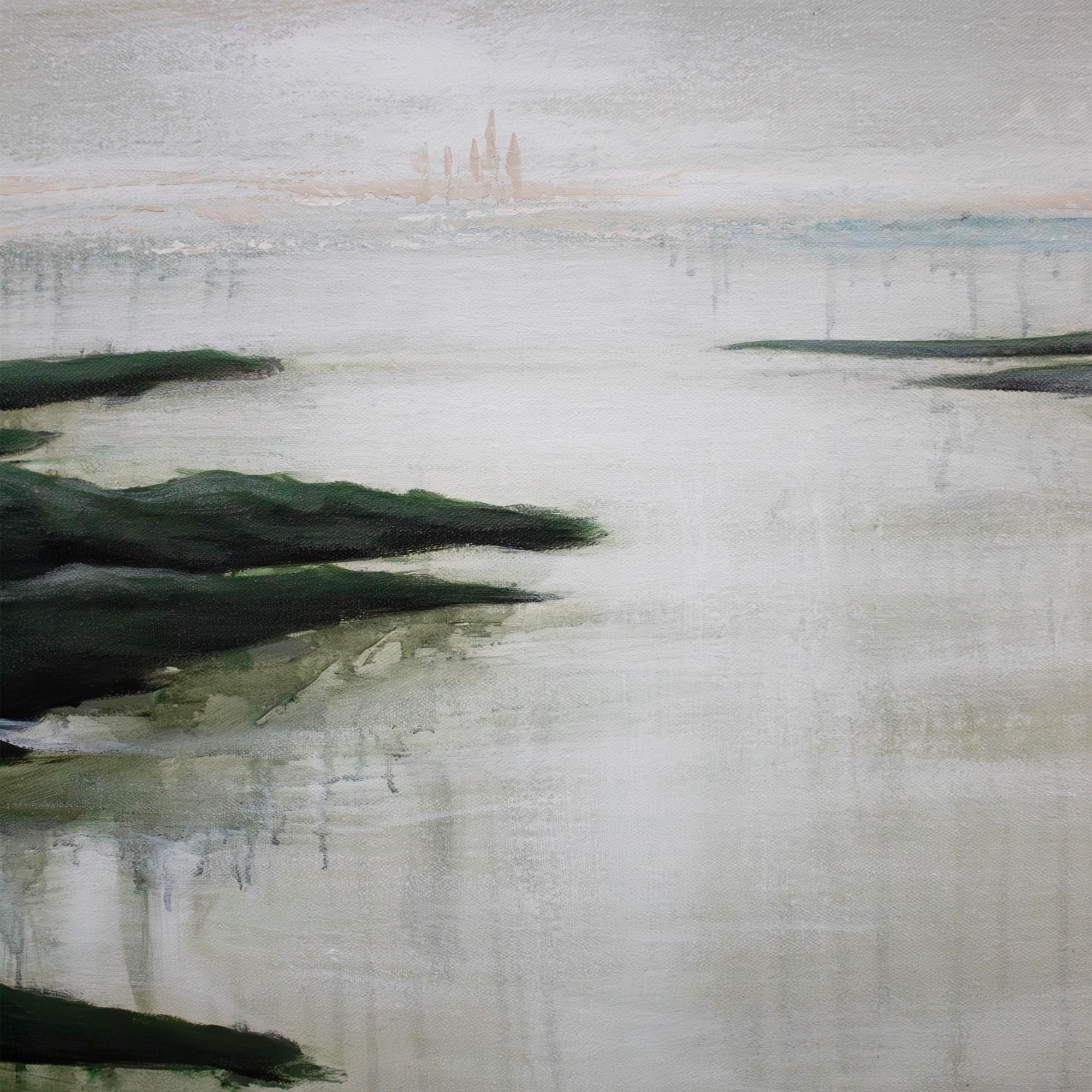 Close-up of Saltoro canvas art showing green hills and a light sky over tranquil waters.