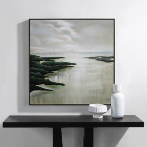 Saltoro canvas art displayed on a black console table with decorative vases.