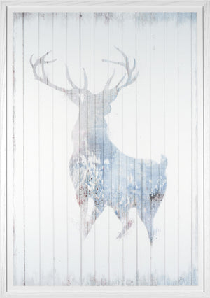 Majestic Pastel I wall art featuring a silhouette of a deer in soft blue tones on a white wooden background.