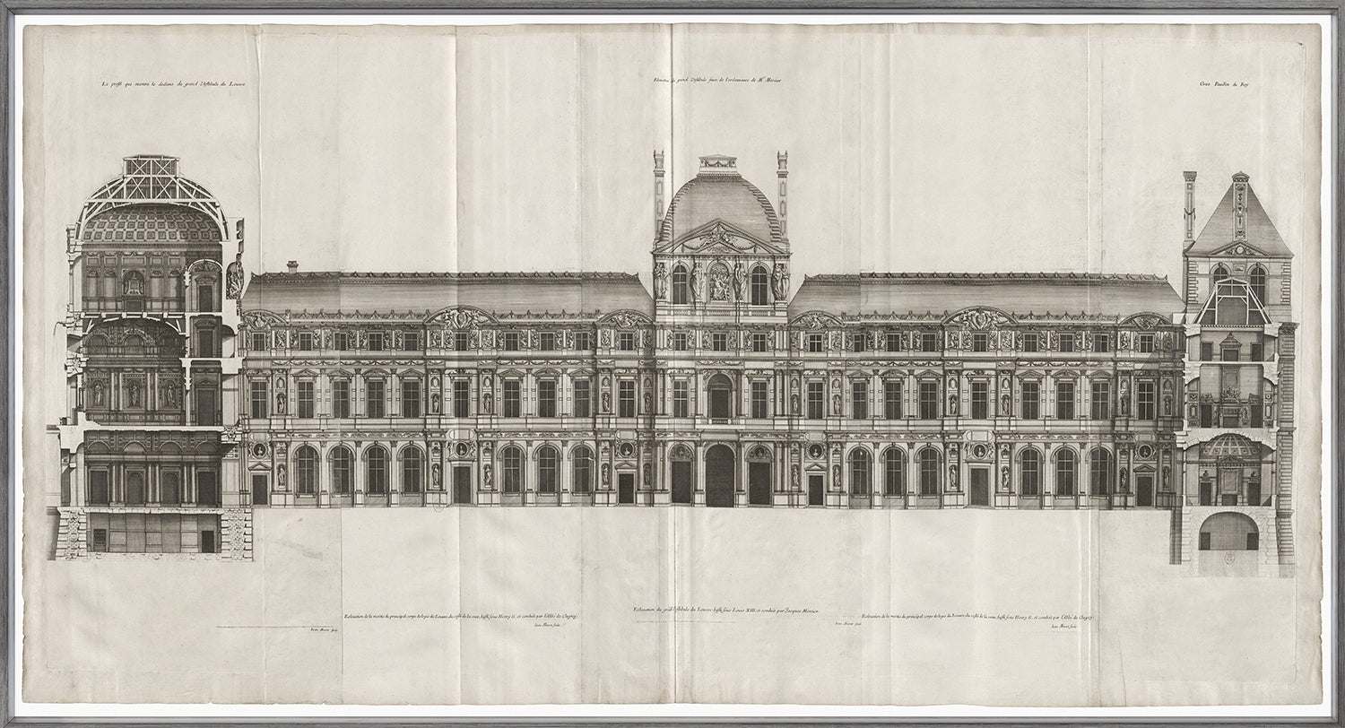Elevation Of The Louvre 1659 wall art featuring detailed architectural illustration in black and white.