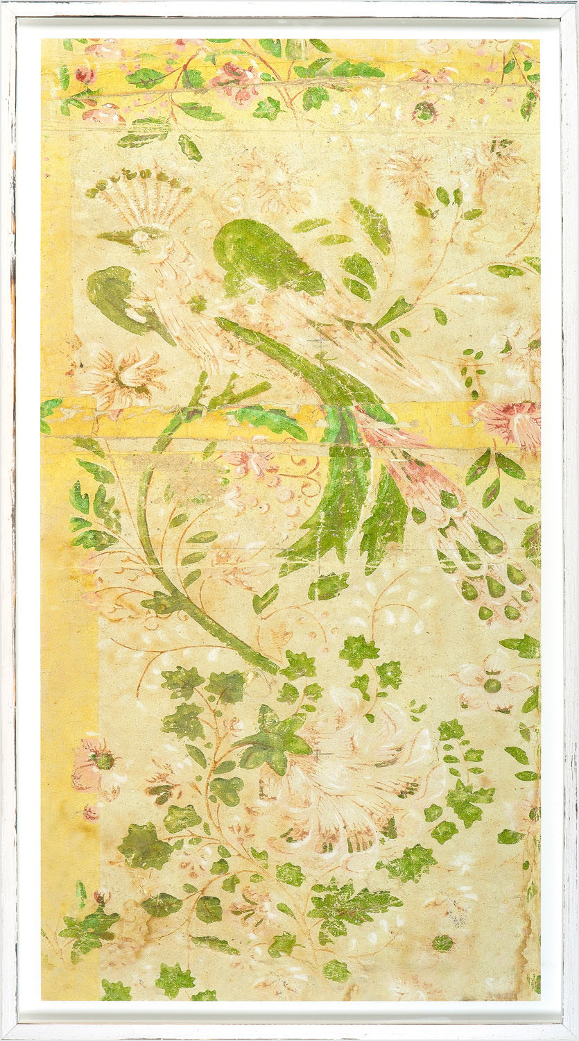 Fond D’Ecran Panel I wall art featuring floral and bird motifs in green and pink on a yellow background