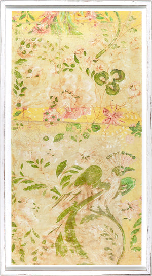 Fond D’Ecran Panel II wall art featuring floral patterns in soft yellow and green tones, framed in white.