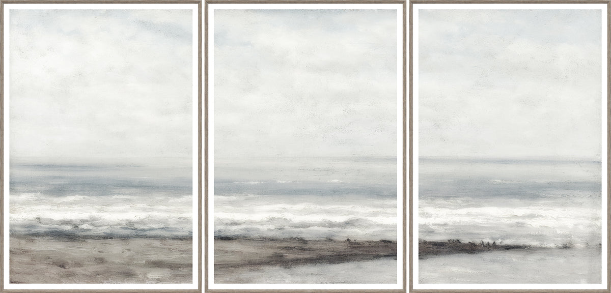 Seascape Near Heijst triptych wall art featuring soft gray and blue ocean waves under a cloudy sky.