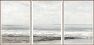 Seascape Near Heijst triptych wall art featuring soft gray and blue ocean waves under a cloudy sky.