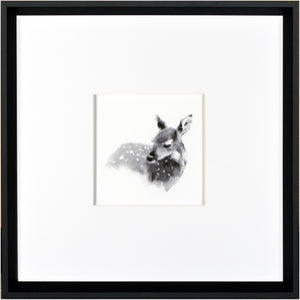 Fawn wall art featuring a black and white illustration of a deer in a black frame