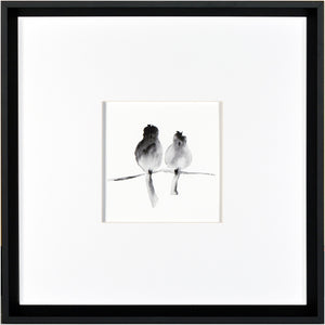 A Pair wall art featuring two birds in black watercolor on a white background, framed in black.