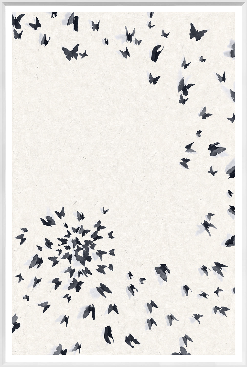 Spirale Papillon II wall art featuring black butterflies on a textured white background.