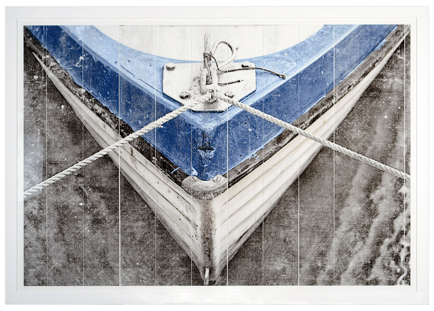 Weathered Bow wall art featuring a blue and white boat with ropes on a textured background