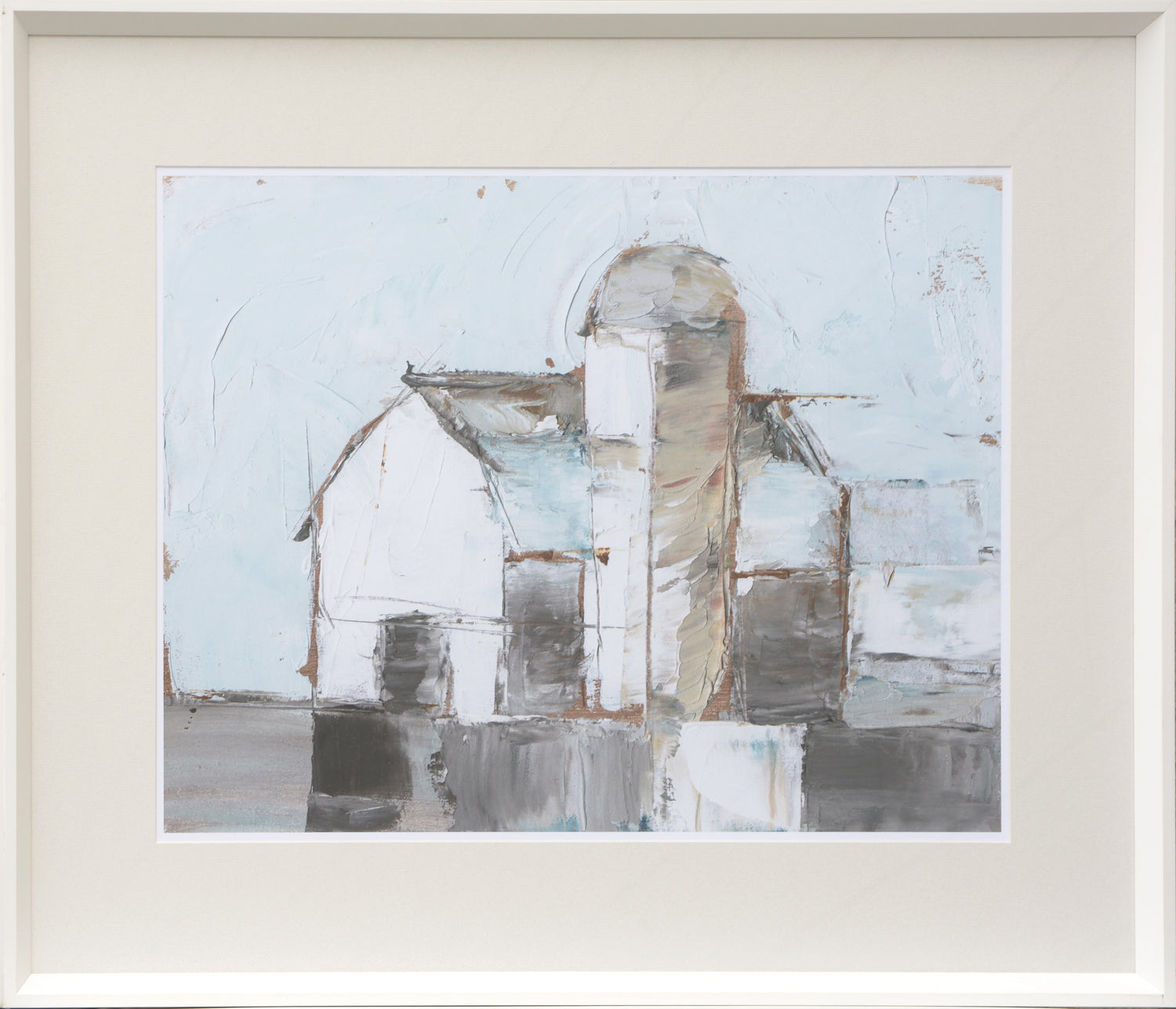 Barn & Silo I wall art featuring an abstract barn and silo in muted colors on a light background.
