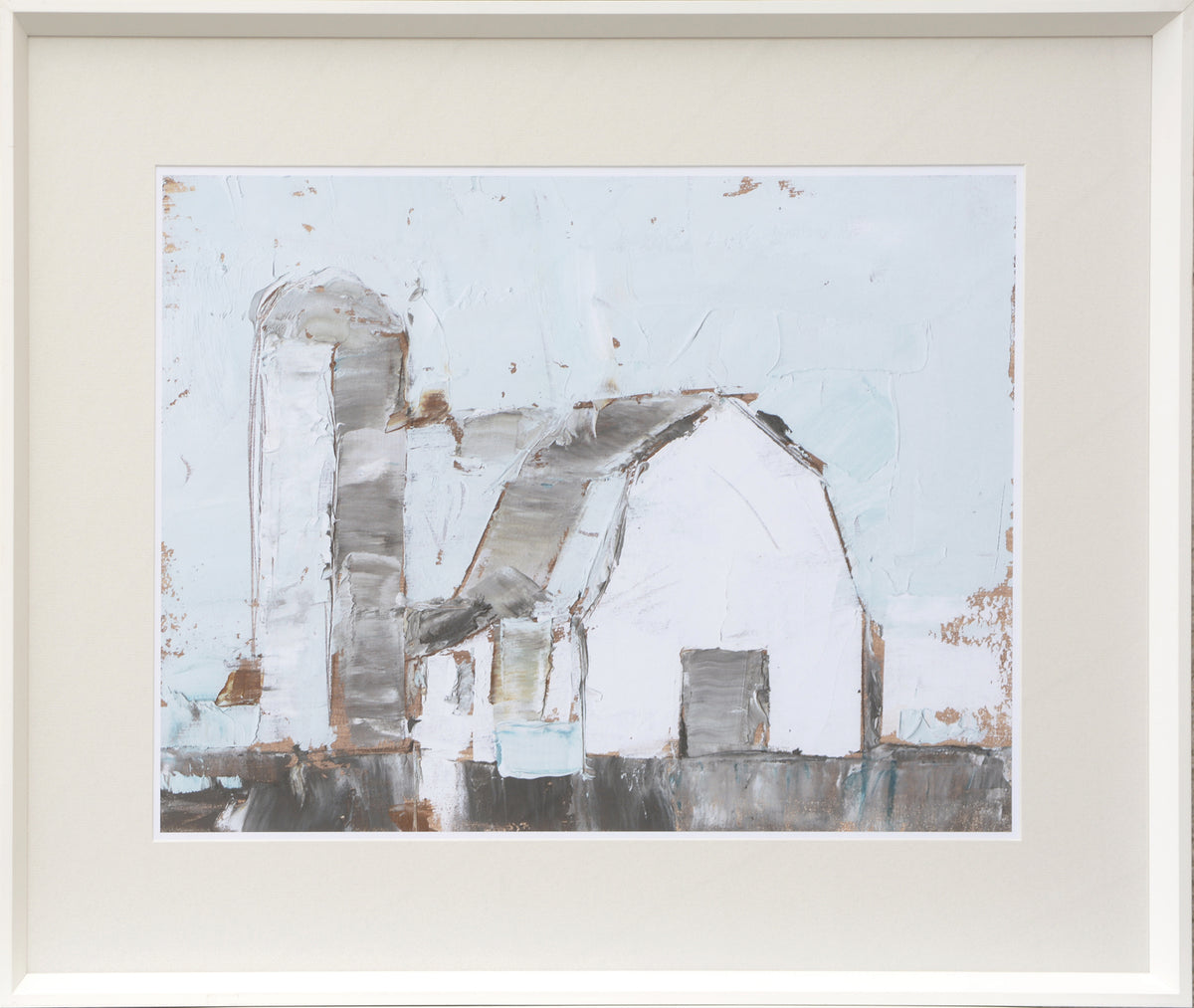 Barn & Silo II wall art featuring a textured painting of a barn and silo in muted colors.