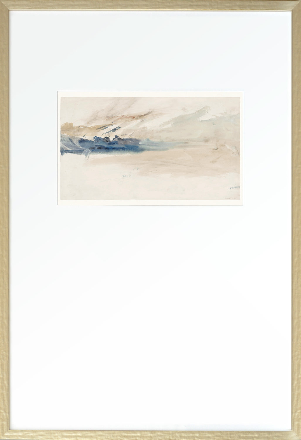 Turner Scapes – Cobalt II wall art featuring soft blue and beige watercolor landscape in a gold frame.