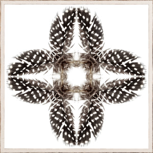 Feather Mandala I wall art featuring a symmetrical design of black and white feathers on a white background.