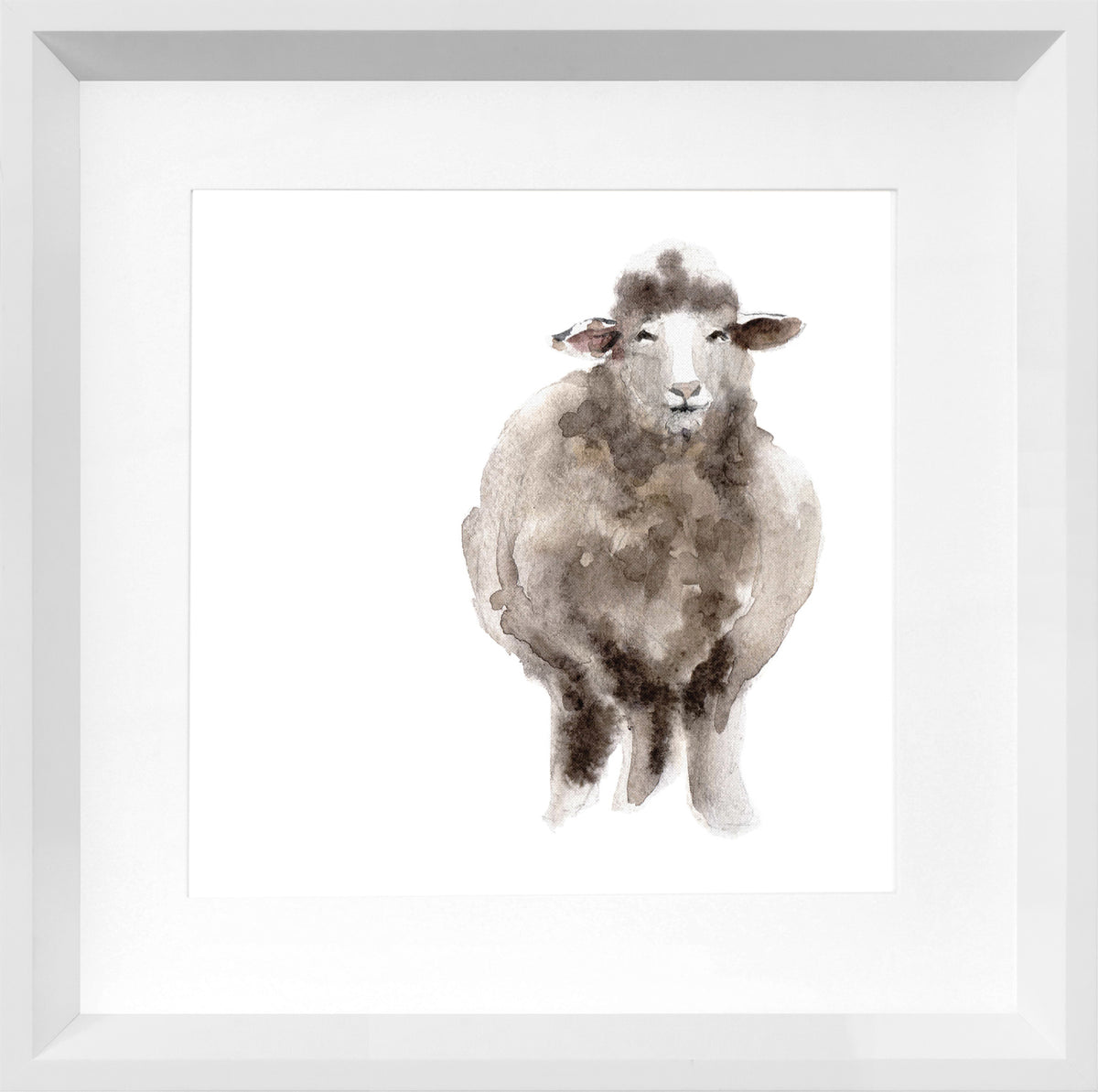 Floss wall art featuring a watercolor sheep illustration in neutral tones, framed in white.