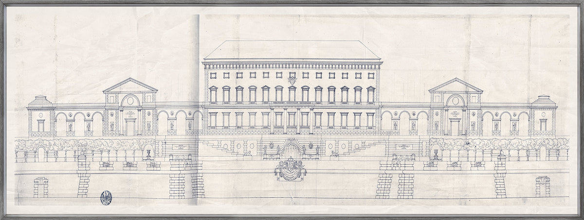 Palace Of The Prince-Bishop III wall art featuring a detailed architectural drawing in blue ink.