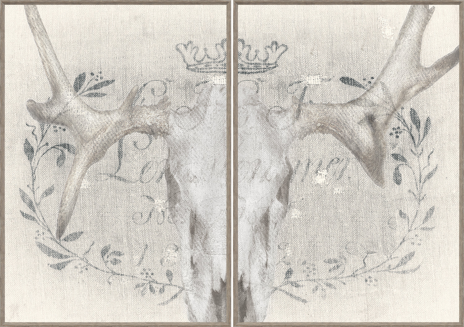 Crane Et Lin Diptych wall art featuring antlers and floral design in muted tones