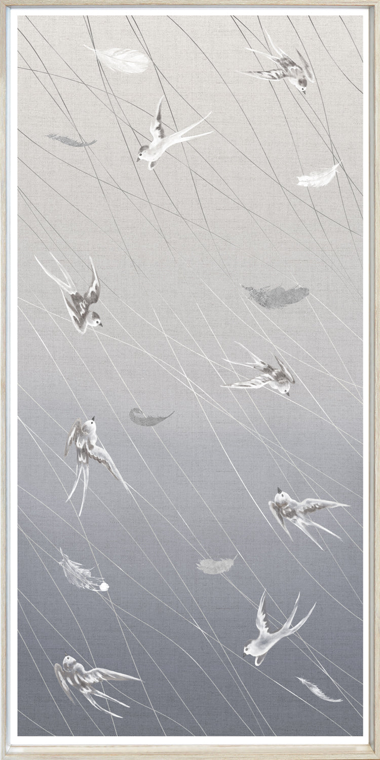 Swallows At Play Panel I wall art featuring swallows in gray tones against a textured background.