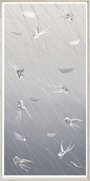 Swallows At Play Panel I wall art featuring swallows in gray tones against a textured background.