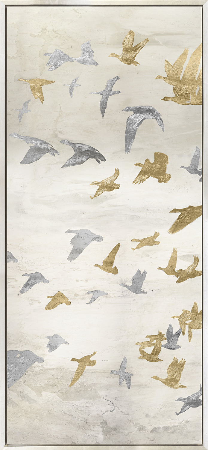 Migrating Flight Panel I wall art featuring silver and gold birds on a light background