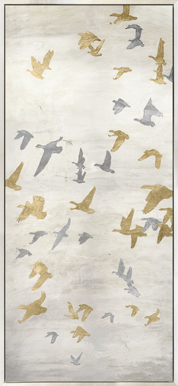 Migrating Flight Panel II wall art featuring gold and silver birds on a textured light background