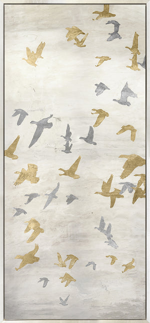 Migrating Flight Panel II wall art featuring gold and silver birds on a textured light background