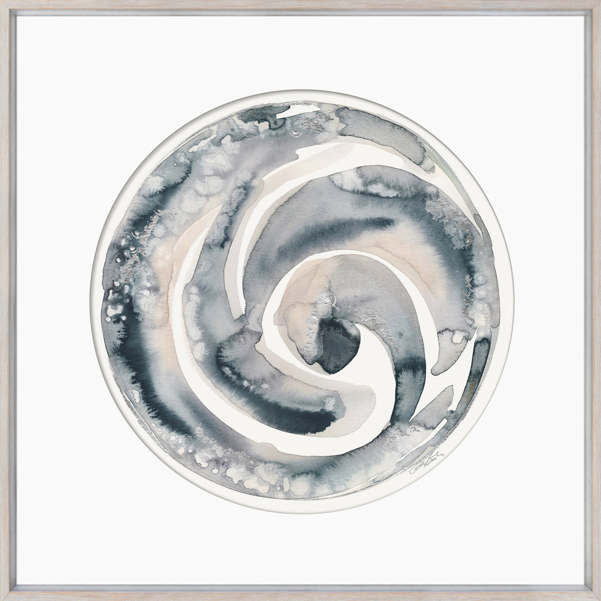 Marine Portal I wall art featuring a circular abstract design in gray and beige watercolor.