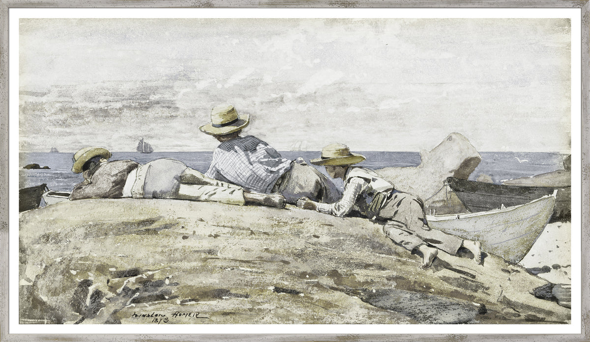 Homer – Three Boys On The Shore wall art featuring three boys on a rocky shore, wearing straw hats, with boats in the background.