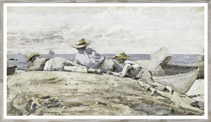 Homer – Three Boys On The Shore wall art featuring three boys on a rocky shore, wearing straw hats, with boats in the background.