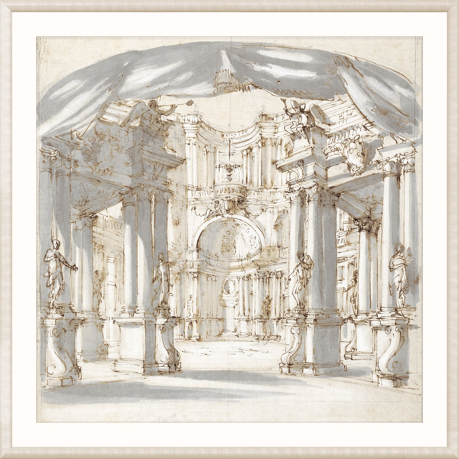 Collection 01 – Palace Courtyard wall art featuring an architectural sketch with columns and statues.