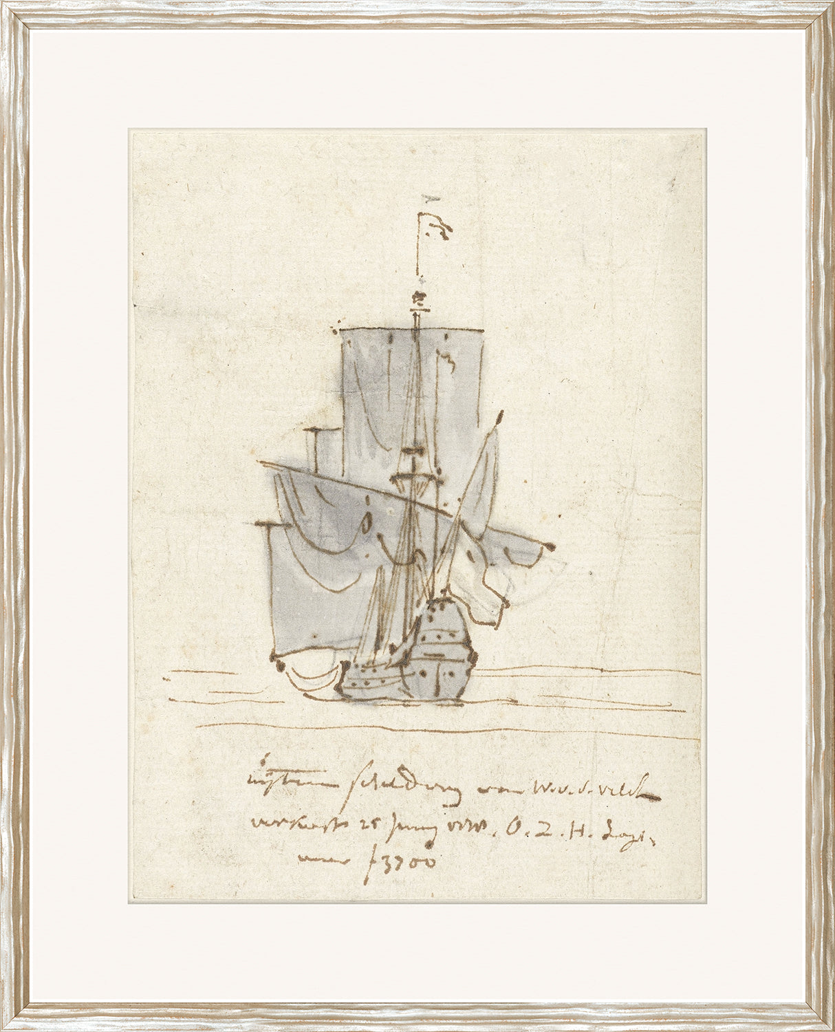 Collection 01 – Sailing Vessel – 1778 wall art featuring a sketched ship with sails on textured paper.
