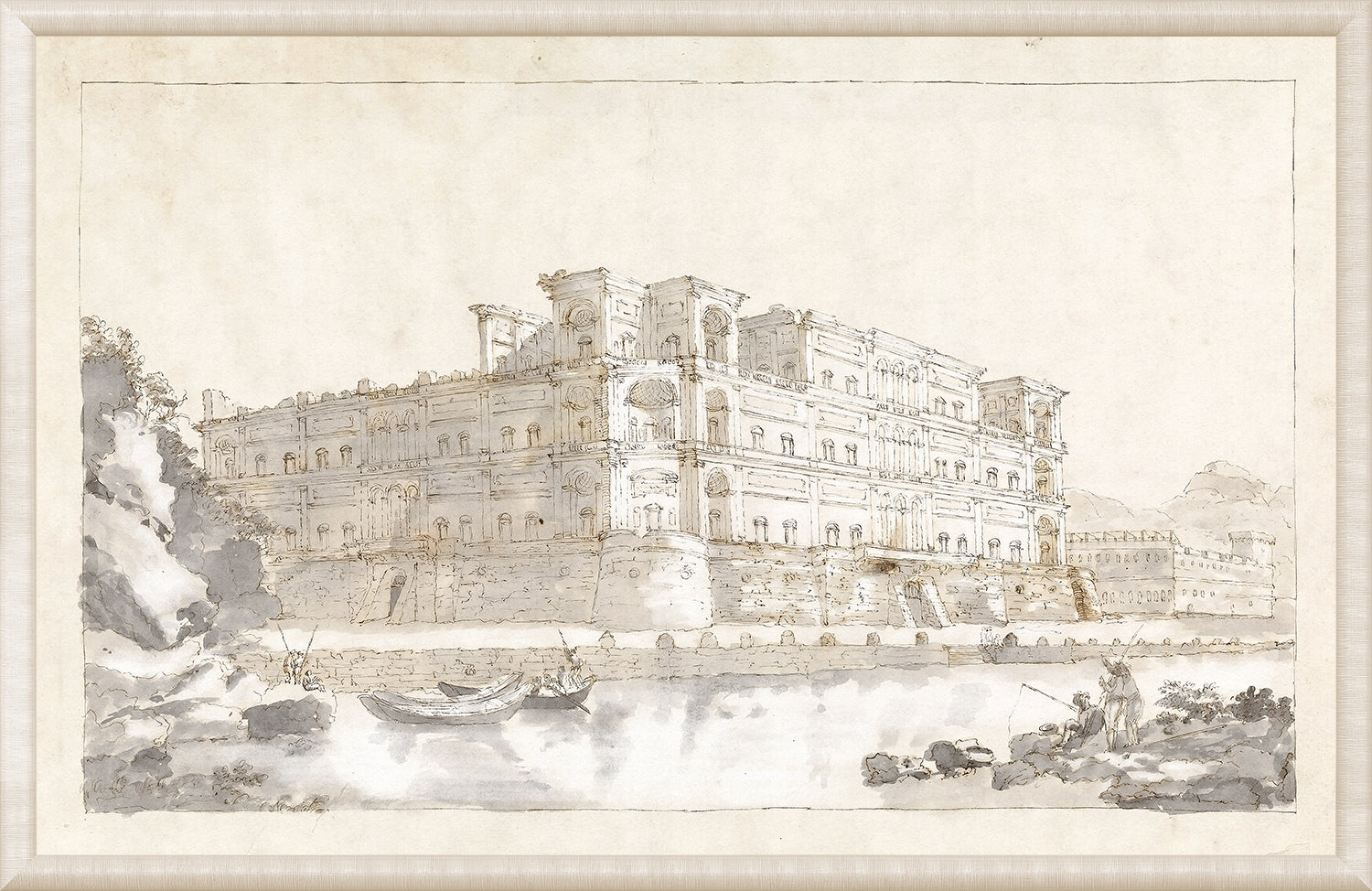 Collection 01 – The Palace Of Donn Anna At Naples wall art, detailed architectural illustration in muted tones.