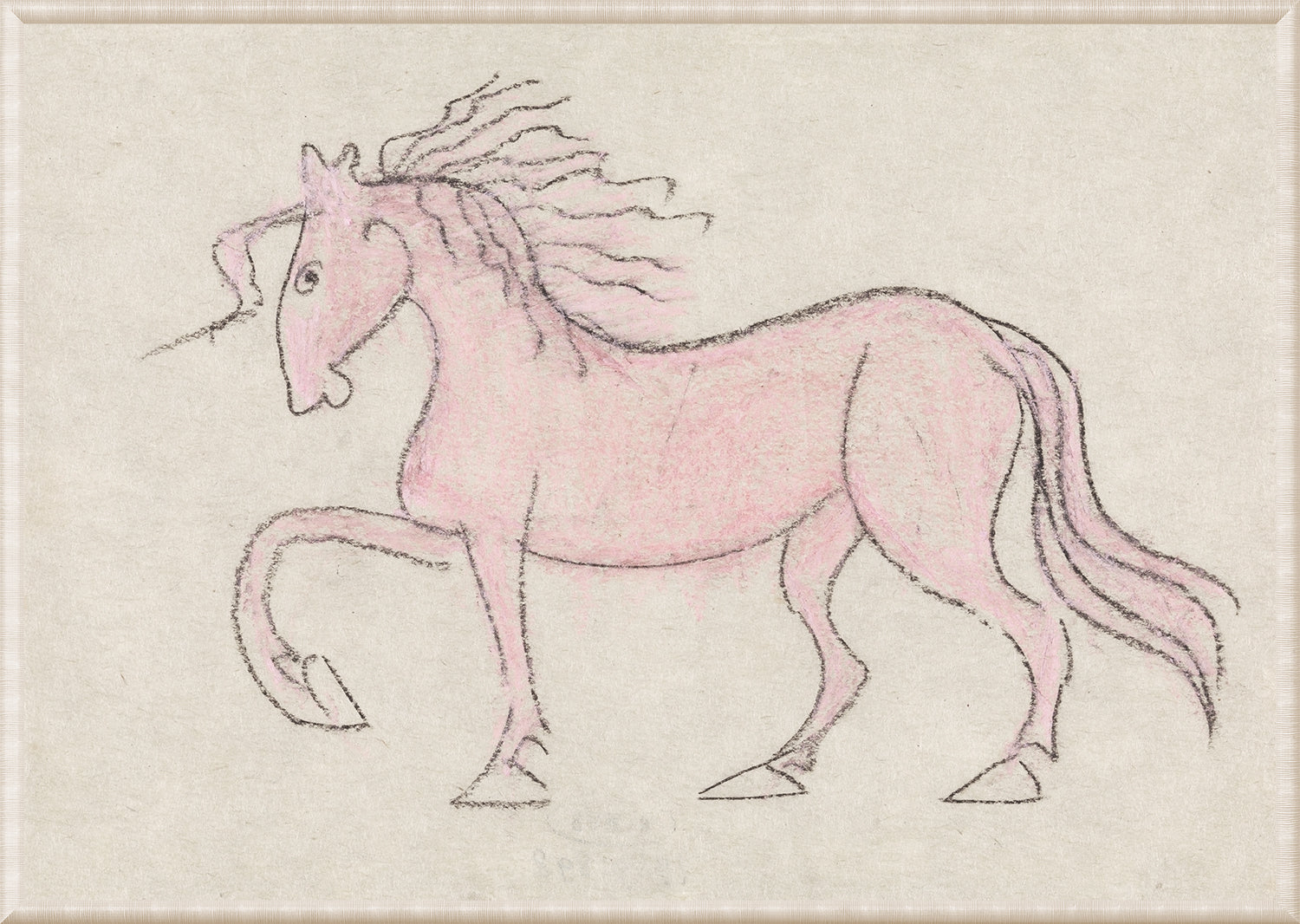 Collection 01 – Unicorn – 1897 wall art featuring a pink unicorn with flowing mane on textured background.