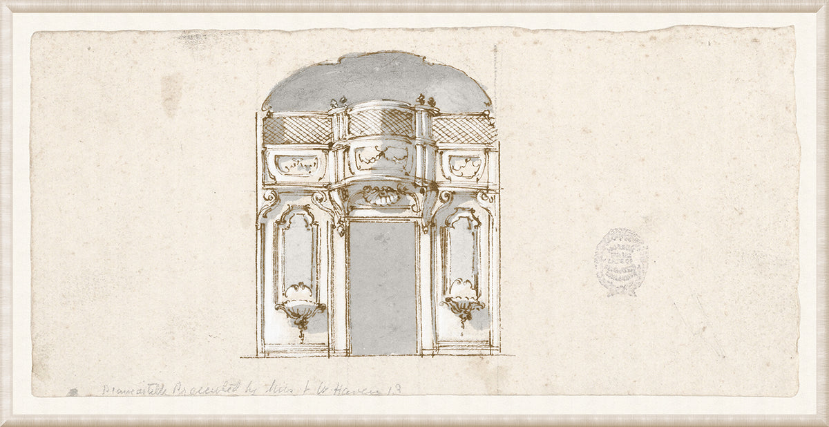 Collection 01 – Portico Design wall art featuring a detailed architectural sketch in muted tones.