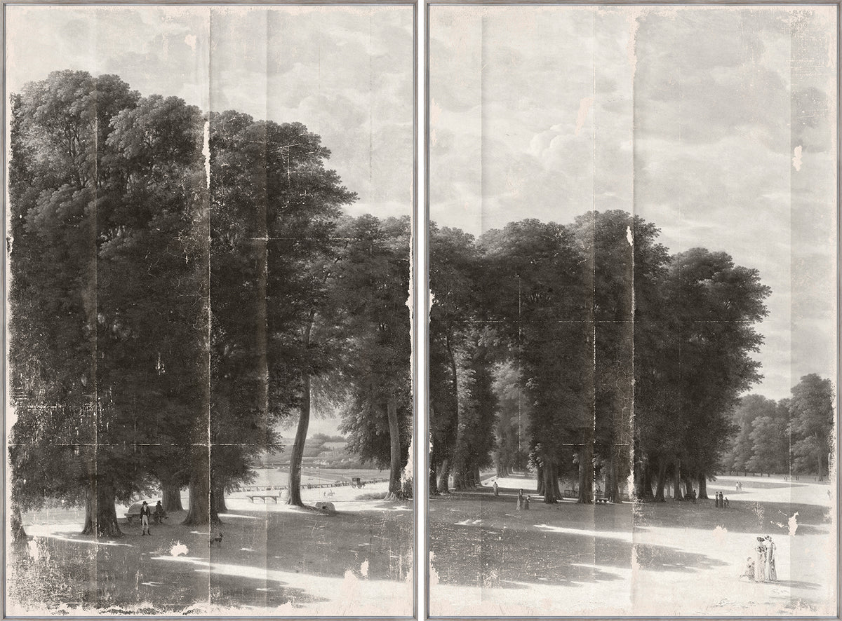Grisaille Landscape Diptych featuring two panels with detailed trees and figures in a serene landscape.