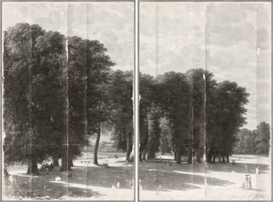 Grisaille Landscape Diptych featuring two panels with detailed trees and figures in a serene landscape.