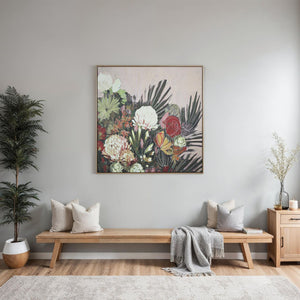 Belleza wall art featuring a vibrant floral design with red, white, and green flowers against a soft pink background.